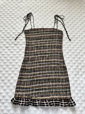Paradise Black Tan Checked Multicolor Striped Smocked Mini Dress Tie Straps Sz L